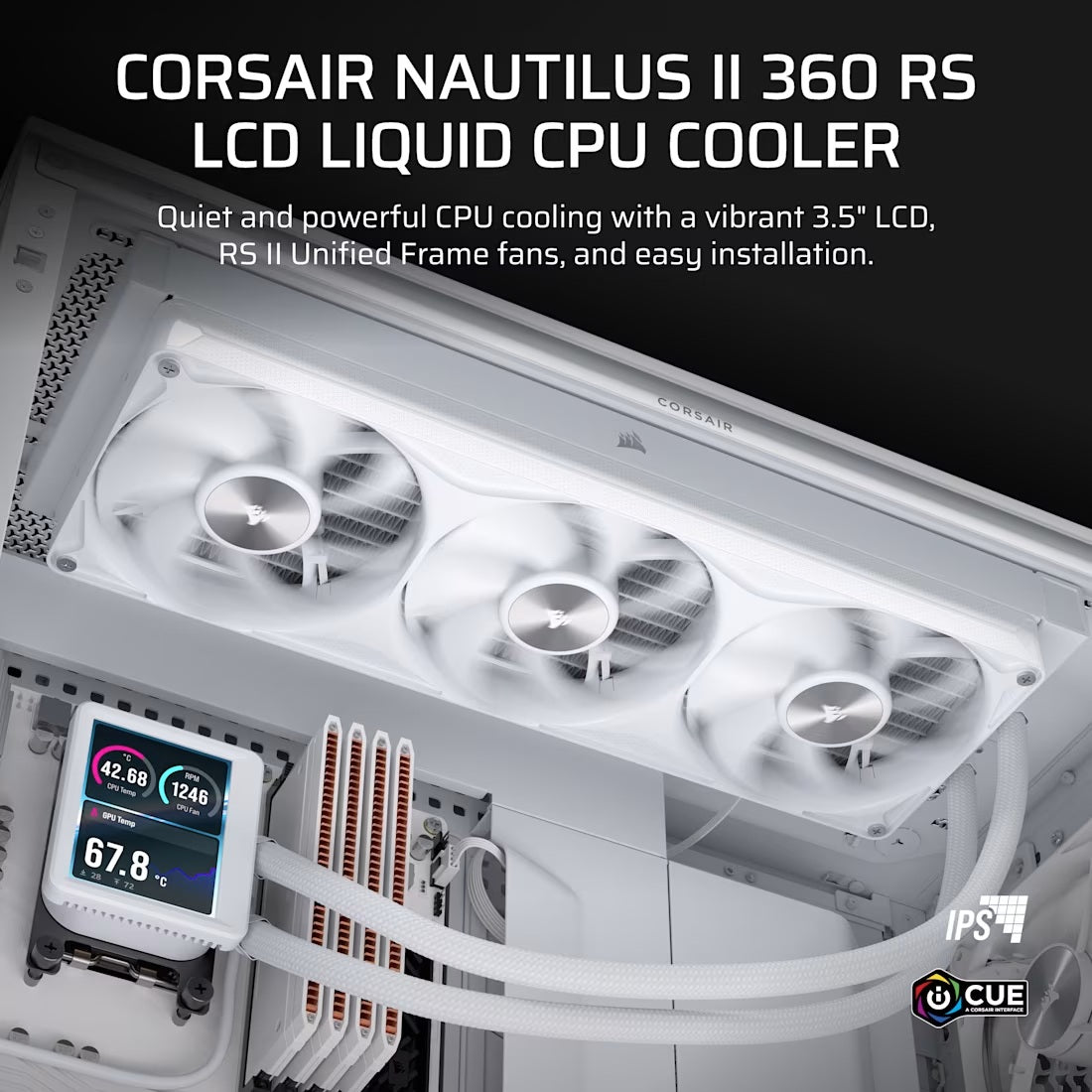 Corsair NAUTILUS II 360 RS LCD Liquid CPU Cooler - White, 360mm Rad, 3.5" LCD, FlowDrive 2S Pump, 420–2100 RPM, PWM, AM5/AM4 and LGA 1851/1700 Support - Image 4