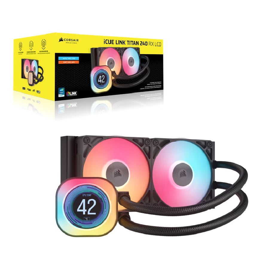 Corsair iCUE LINK TITAN 240 RX LCD Liquid CPU Cooler - Black: 73.5 CFM, 2100 RPM, 36 dBA, Aluminum Radiator, Copper Cold Plate, Intel/AMD Support - Image 1