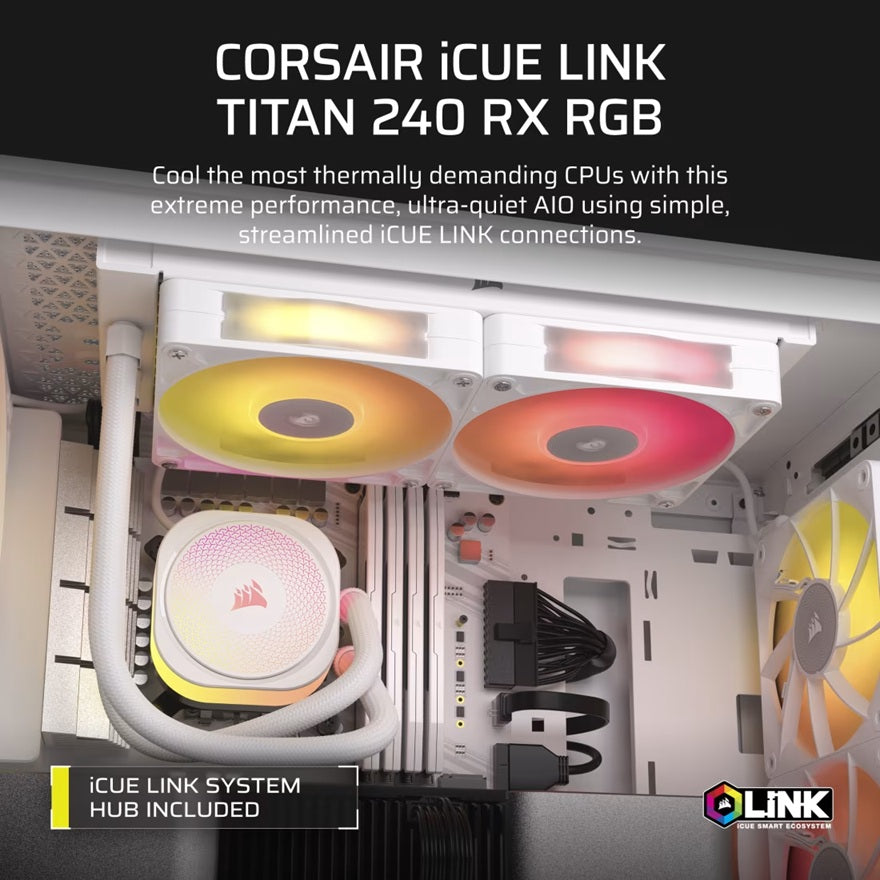 Corsair iCUE LINK TITAN 240 RX RGB AIO Liquid CPU Cooler - White, 73.5 CFM, 2100 RPM, Aluminum Radiator, Copper Cold Plate, Intel/AMD Support - Image 4