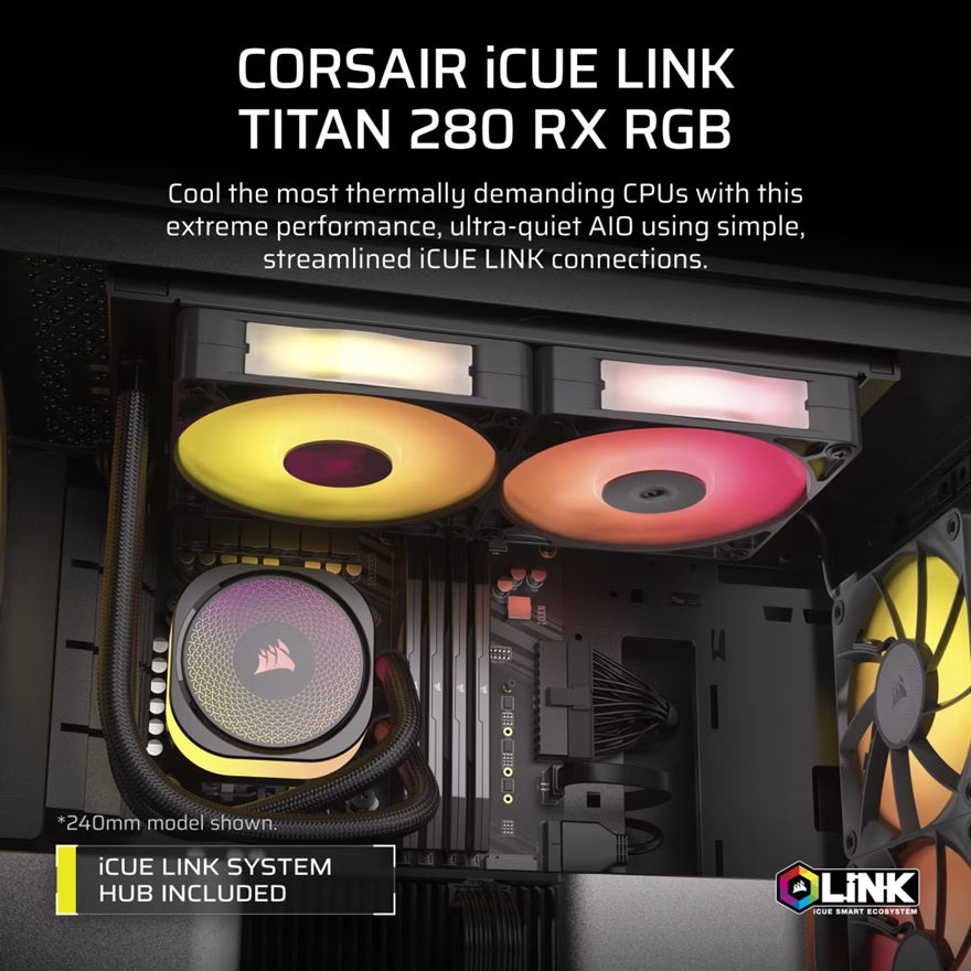 Corsair iCUE LINK TITAN 280 RX RGB AIO Liquid CPU Cooler - Black, 94.7 CFM, 1700 RPM, Aluminum Radiator, Copper Cold Plate, Intel/AMD Support - Image 4
