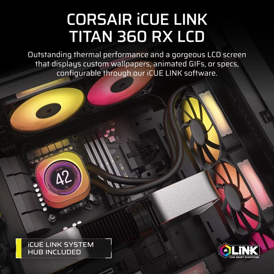 Corsair iCUE LINK TITAN 360 RX LCD Liquid CPU Cooler - Black: 73.5 CFM, 2100 RPM, 36 dBA, Aluminum Radiator, Copper Cold Plate, Intel/AMD Support - Image 4