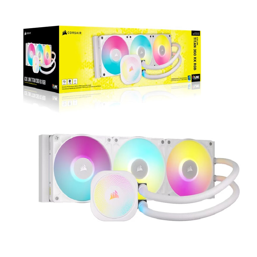 Corsair iCUE LINK TITAN 360 RX RGB AIO Liquid CPU Cooler - White: 73.5 CFM, 2100 RPM, Aluminum Radiator, Copper Cold Plate, Intel/AMD Support - Image 1