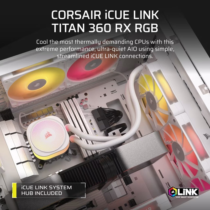 Corsair iCUE LINK TITAN 360 RX RGB AIO Liquid CPU Cooler - White: 73.5 CFM, 2100 RPM, Aluminum Radiator, Copper Cold Plate, Intel/AMD Support - Image 4