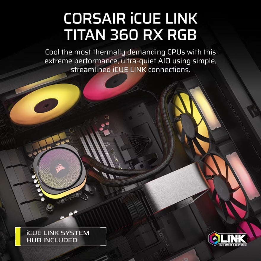 Corsair iCUE LINK TITAN 360 RX RGB AIO Liquid CPU Cooler - Black, 73.5 CFM, 2100 RPM, Aluminum Radiator, Copper Cold Plate, Intel/AMD Support - Image 4