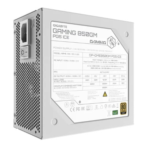 GIGABYTE GAMING 850GM PG5 ICE 850W 80+ Gold ATX 3.1 PSU PCIe5 16pin FM 135mm fan 2xEPS 4xPCIe 8xSATA OVP OPP SCP UVP OCP OTP 90eff 100k MTBF - Image 1