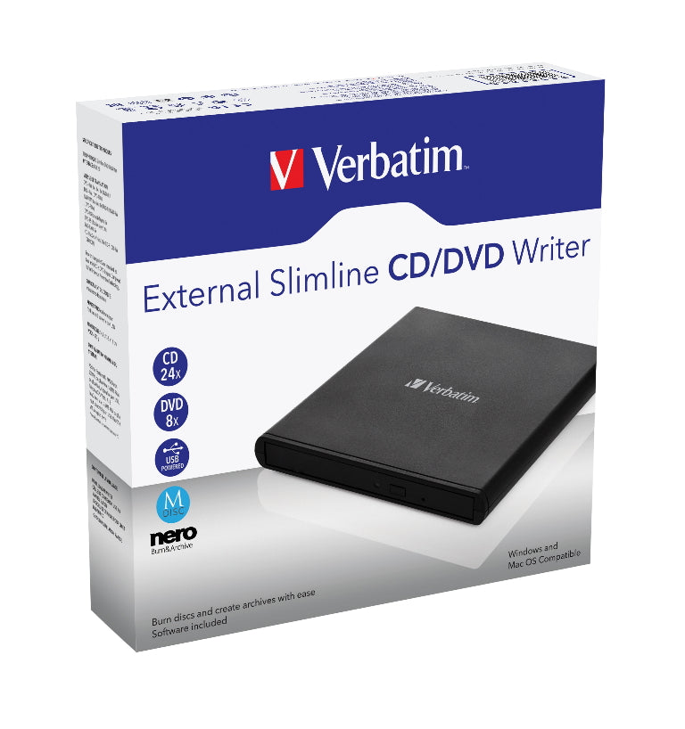 Verbatim External Slimline DVD / CD Writer, Burner, Reader, Player, Ultra Portable for Notebooks, Nero Software, USB Powered Black Mobile, Retail 2025 - Image 1