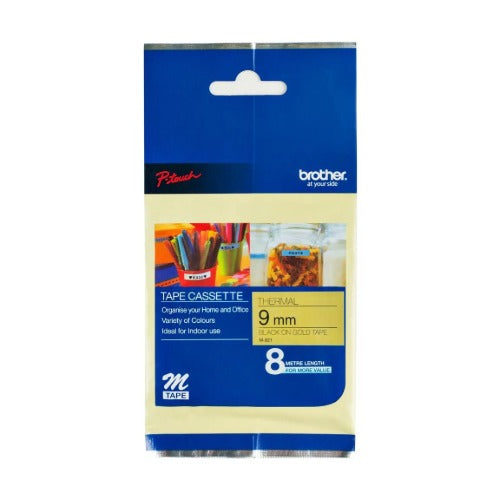 Brother M-821 - 9MM METALLIC BLACK ON GOLD M TAPE - Image 1