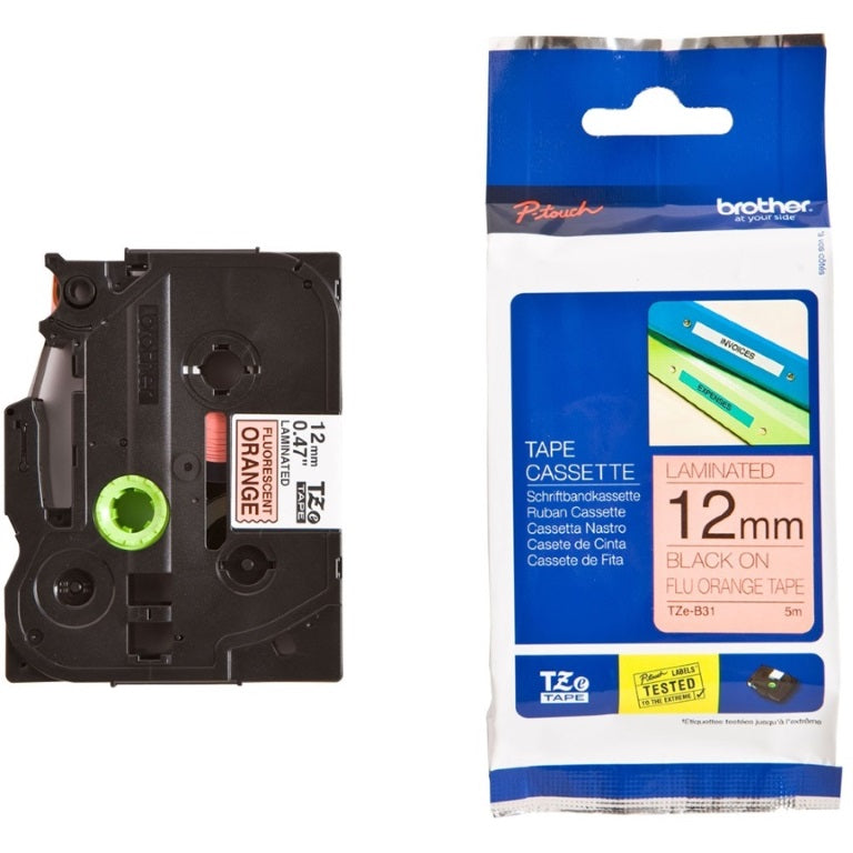 Brother 12MM Black On Fluoro Orange TZE Tape - Image 1