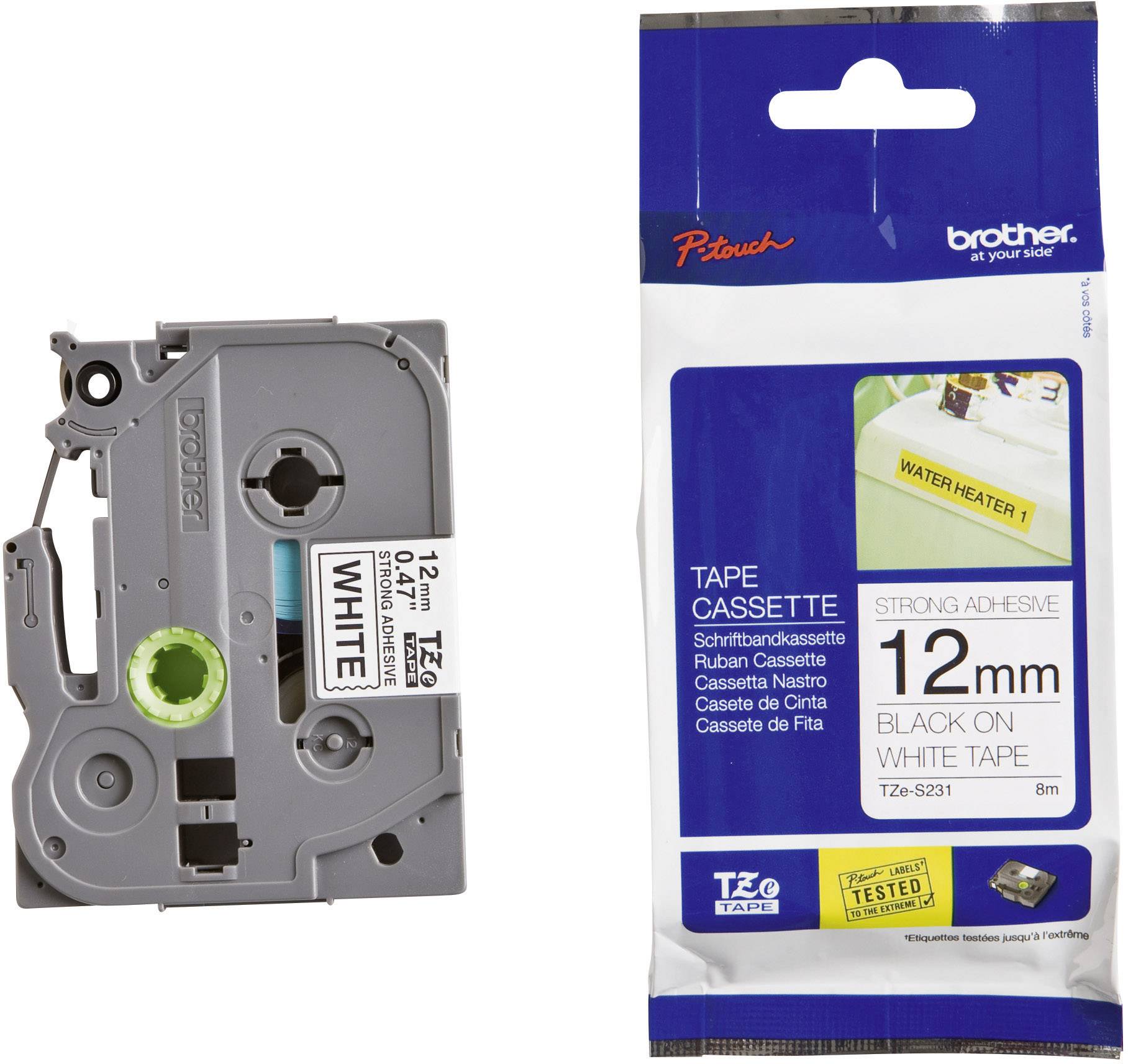 Brother 12mm Black on White Strong Adhesive TZE Tape - Image 1