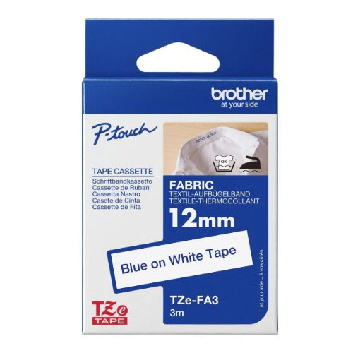 Brother TZE-FAE3 - 12MM BLUE ON PINK FABRIC IRON-ON TZE TAPE - Image 1