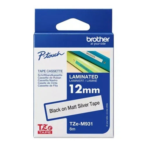 Brother 12MM BLACK ON SILVER MATT TZE TAPE - Image 1