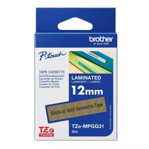 Brother PATTERN TAPE BLACK ON GEOMETRIC GOLD 12MM X 4M - Image 1