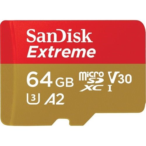 SanDisk Extreme microSDXC, SQXAH 64GB, V30, U3, C10, A2, UHS-I, 170MB/s R, 80MB/s W, 4x6, SD adaptor, Lifetime Limited, Action Cam/Drone SKU - Image 1