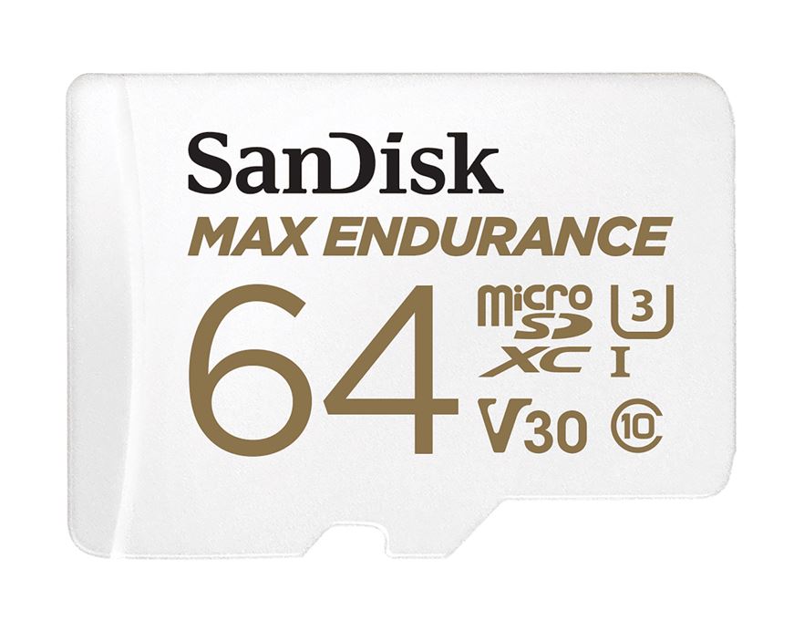 SanDisk Max Endurance 64GB microSD 100MB/s 40MB/s 20K hrs 4K UHD C10 U3 V30 -40°C to 85°C Heat Freeze Shock Temperature Water X-ray Proof SD Adapter - Image 1