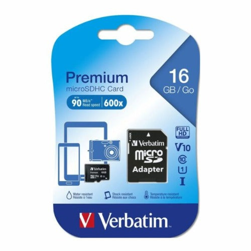 Verbatim Micro SDHC 16GB (Class 10) with Adaptor Up to 45MB/Sec 300X read speed - Image 1