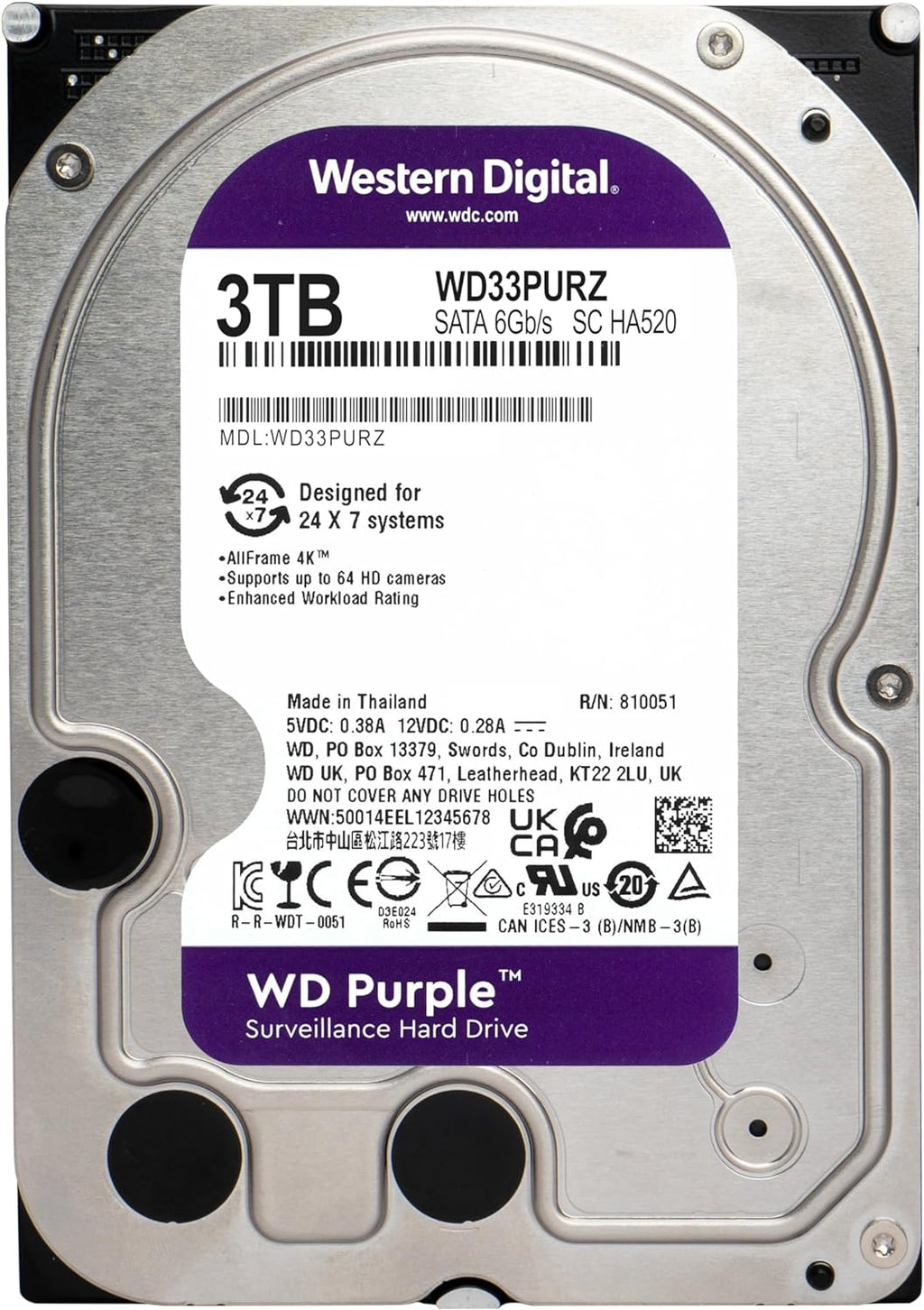 Western Digital WD Purple 3TB 3.5" SATA Surveillance HDD 256MB Cache 3-Year Limited Warranty (LS) --WD34PURZ - Image 2