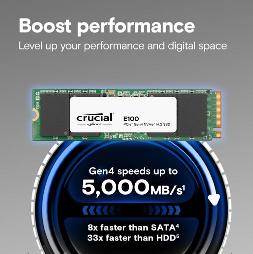 Crucial E100 2TB Gen4 NVMe SSD 5000/4500 MB/s R/W 100TBW 350K/460K IOPS 1M hrs MTTF M.2 2280 PCIe4 3yrs ~Crucial P3 Plus - Image 2