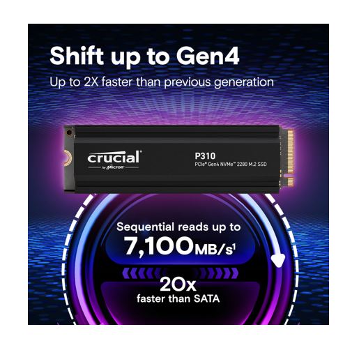 Crucial P310 4TB Gen4 2280 NVMe SSD Heatsink 7100/6000 MB/s R/W 800TBW 1000K/1000K IOPS 1.5M hrs MTTF Full-Drive Encryption M.2 PCIe4 5yrs - Image 2