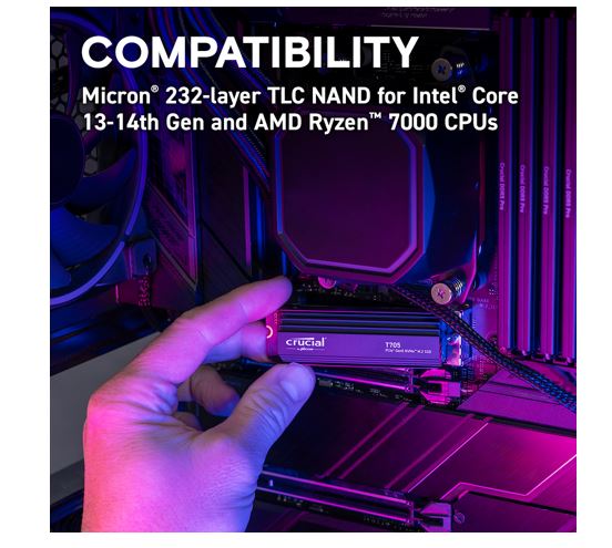 Crucial T705 1TB Gen5 NVMe SSD Heatsink - 13600/10200 MB/s R/W 600TBW 1400K IOPs 1.5M hrs MTTF DirectStorage for Intel 14th Gen & AMD Ryzen 7000