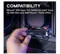 Crucial T705 1TB Gen5 NVMe SSD - 13600/10200 MB/s R/W 600TBW 1400K IOPs 1.5M hrs MTTF DirectStorage for Intel 14th Gen & AMD Ryzen 7000 - Image 2
