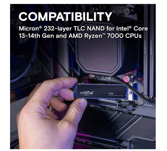 Crucial T705 1TB Gen5 NVMe SSD - 13600/10200 MB/s R/W 600TBW 1400K IOPs 1.5M hrs MTTF DirectStorage for Intel 14th Gen & AMD Ryzen 7000 - Image 2