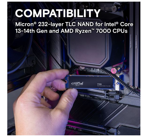 Crucial T705 2TB Gen5 NVMe SSD - 14500/12700 MB/s R/W 1200TBW 1550K IOPs 1.5M hrs MTTF DirectStorage for Intel 14th Gen & AMD Ryzen 7000 - Image 2