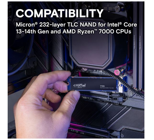 Crucial T705 4TB Gen5 NVMe SSD - 14100/12600 MB/s R/W 2400TBW 1500K IOPs 1.5M hrs MTTF DirectStorage for Intel 14th Gen & AMD Ryzen 7000 - Image 2