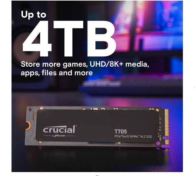 Crucial T705 4TB Gen5 NVMe SSD - 14100/12600 MB/s R/W 2400TBW 1500K IOPs 1.5M hrs MTTF DirectStorage for Intel 14th Gen & AMD Ryzen 7000 - Image 4