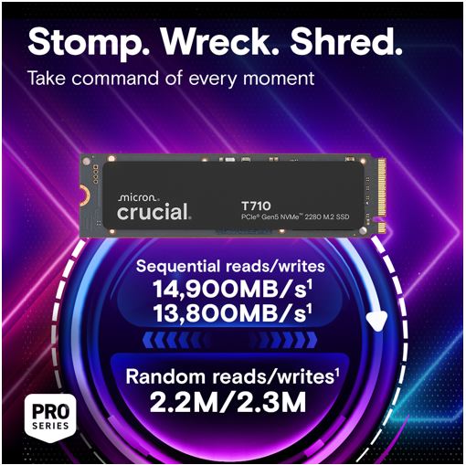 Crucial T710 1TB PCIe Gen5 NVMe 2280 SSD - 14900/13700 MB/s R/W 600TBW 2.2M IOPs 1.5M hrs MTTF with DirectStorage for Intel & AMD 5yrs