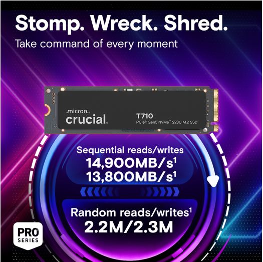 Crucial T710 2TB PCIe Gen5 NVMe 2280 SSD - 14500/13800 MB/s R/W 1200TBW 2.3M IOPs 1.5M hrs MTTF with DirectStorage for Intel & AMD 5yrs