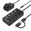 Simplecom CH345C SuperSpeed USB-A and USB-C to 4-Port USB 3.0 Hub 5Gbps Individual Switches and Power Adapter - Image 1