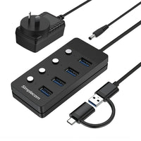 Simplecom CH345C SuperSpeed USB-A and USB-C to 4-Port USB 3.0 Hub 5Gbps Individual Switches and Power Adapter - Image 1