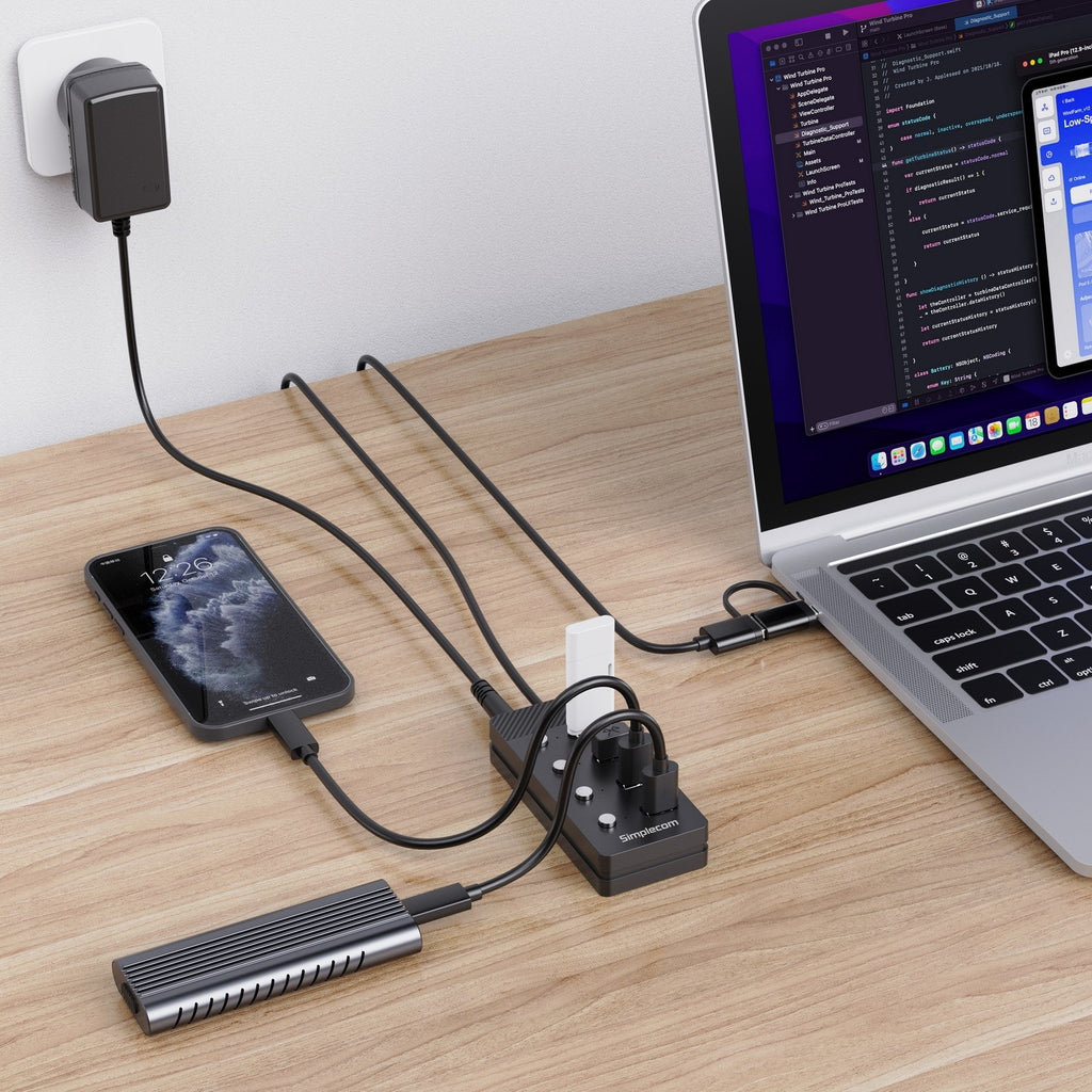 Simplecom CH345C SuperSpeed USB-A and USB-C to 4-Port USB 3.0 Hub 5Gbps Individual Switches and Power Adapter - Image 4