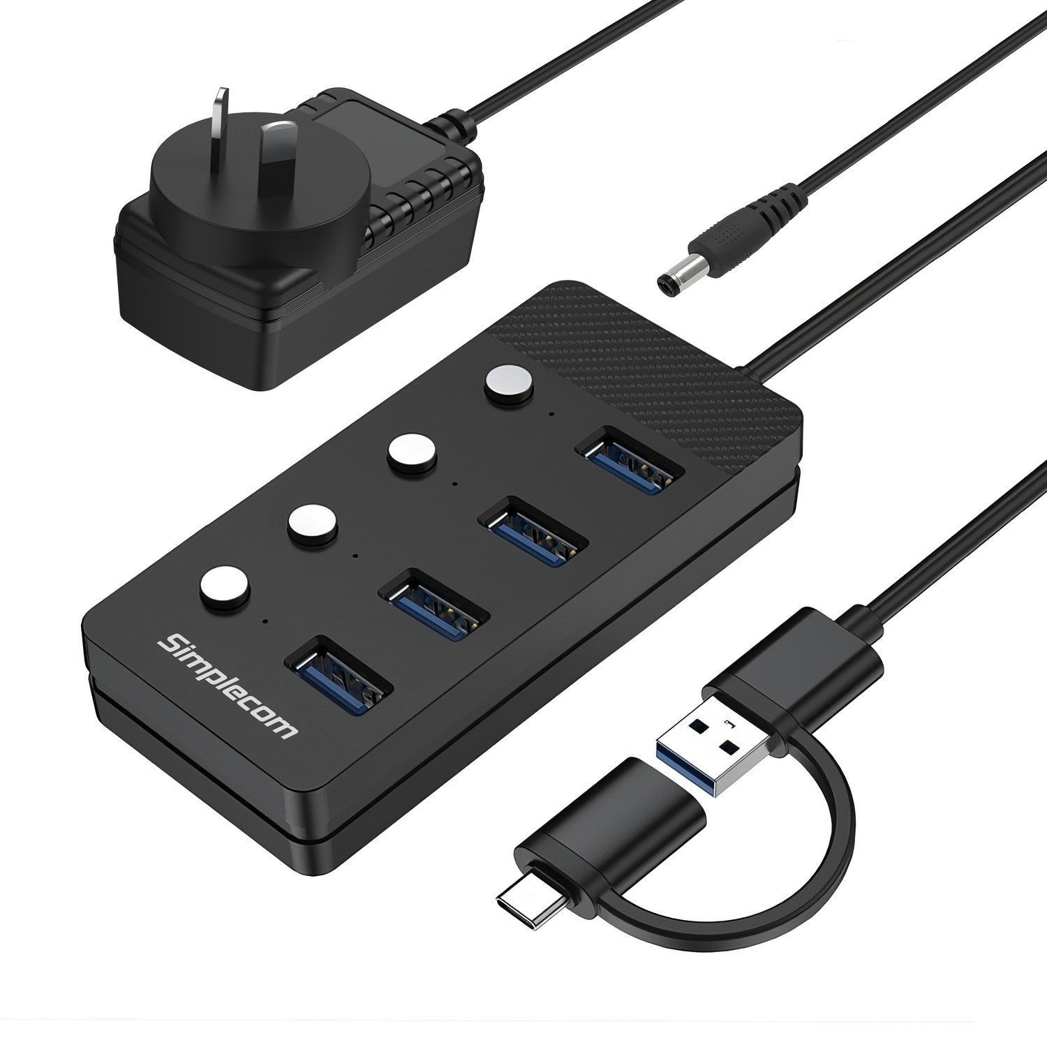 Simplecom CH345C SuperSpeed USB-A and USB-C to 4-Port USB 3.0 Hub 5Gbps Individual Switches and Power Adapter - Image 5