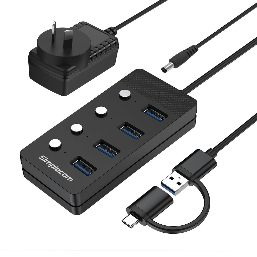 Simplecom CH345C SuperSpeed USB-A and USB-C to 4-Port USB 3.0 Hub 5Gbps Individual Switches and Power Adapter - Image 5