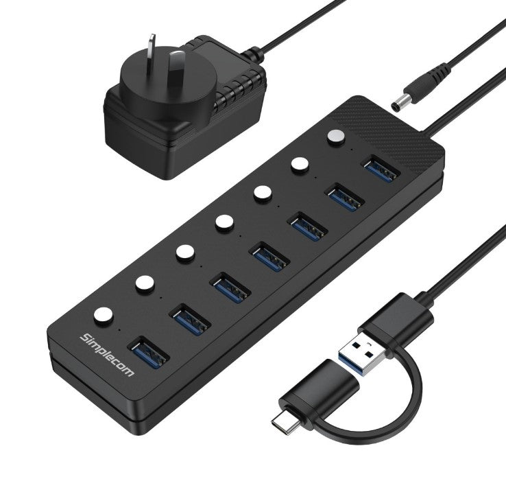 Simplecom CH375C USB-A and USB-C to 7-Port USB 3.0 Hub 5Gbps Individual Switches and Power Adapter - Image 1