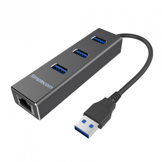 Simplecom CHN410 Black Aluminium 3 Port USB 3.0 HUB with Gigabit Ethernet Adapter 1000Mbps for PC MAC (LS) - Image 1