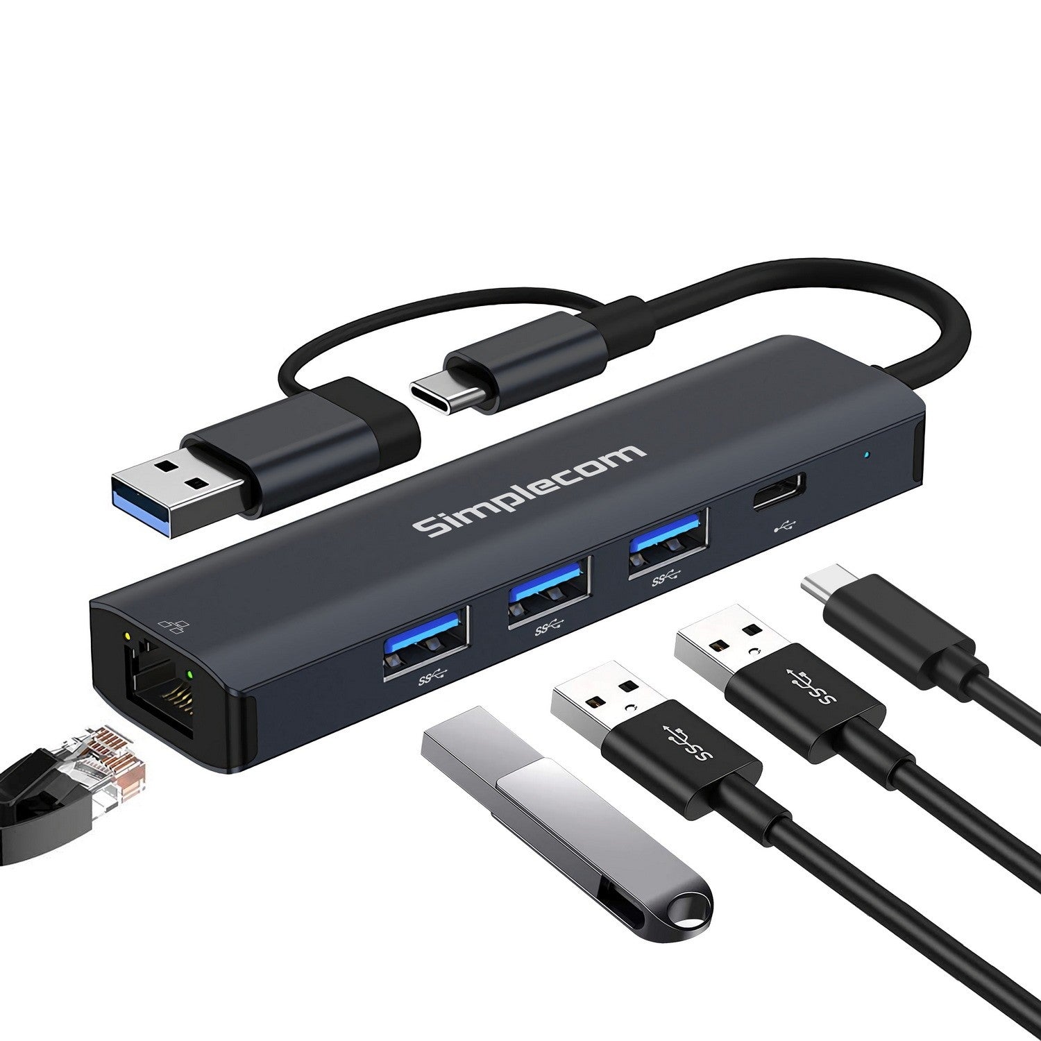 Simplecom CHN436 USB-C and USB-A to 4-Port USB HUB with Gigabit Ethernet Adapter - Image 5