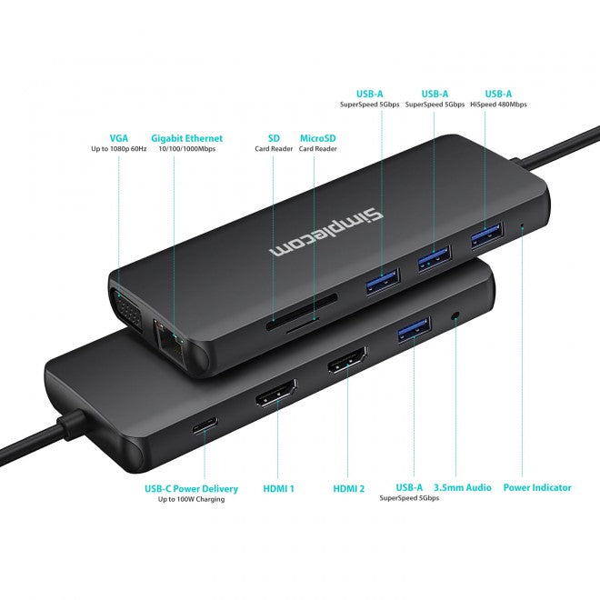 Simplecom CHN612 USB-C 12-in-1 Multiport Docking Station Dual HDMI + VGA Triple Display Gigabit LAN - Image 3