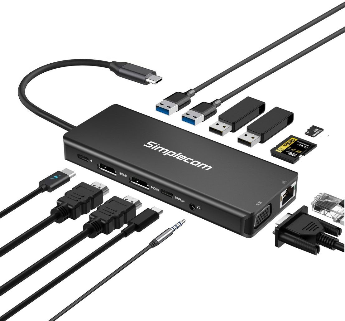 Simplecom CHN613 USB-C 13-in-1 Multiport Docking Station Dual HDMI + VGA Triple Display USB 3.2 Gen 2 10Gbps - Image 2
