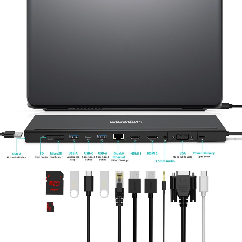 Simplecom CHN622 USB-C 12-in-1 Multiport Docking Station Laptop Stand Dual HDMI + VGA Triple Display Gigabit LAN - Image 3