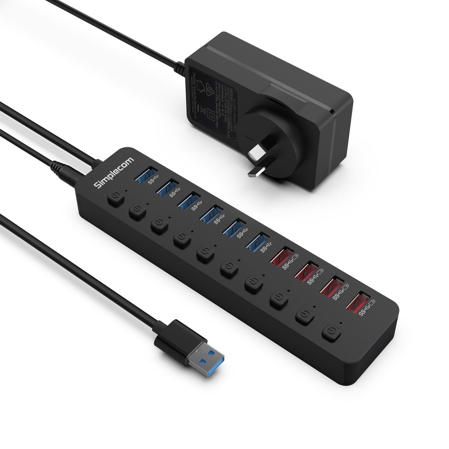 Simplecom CHU810 48W 10-Port USB 3.0 Hub and Charger with Individual Switches 12V/4A Power Adapter BC1.2 Fast Charging - Image 1