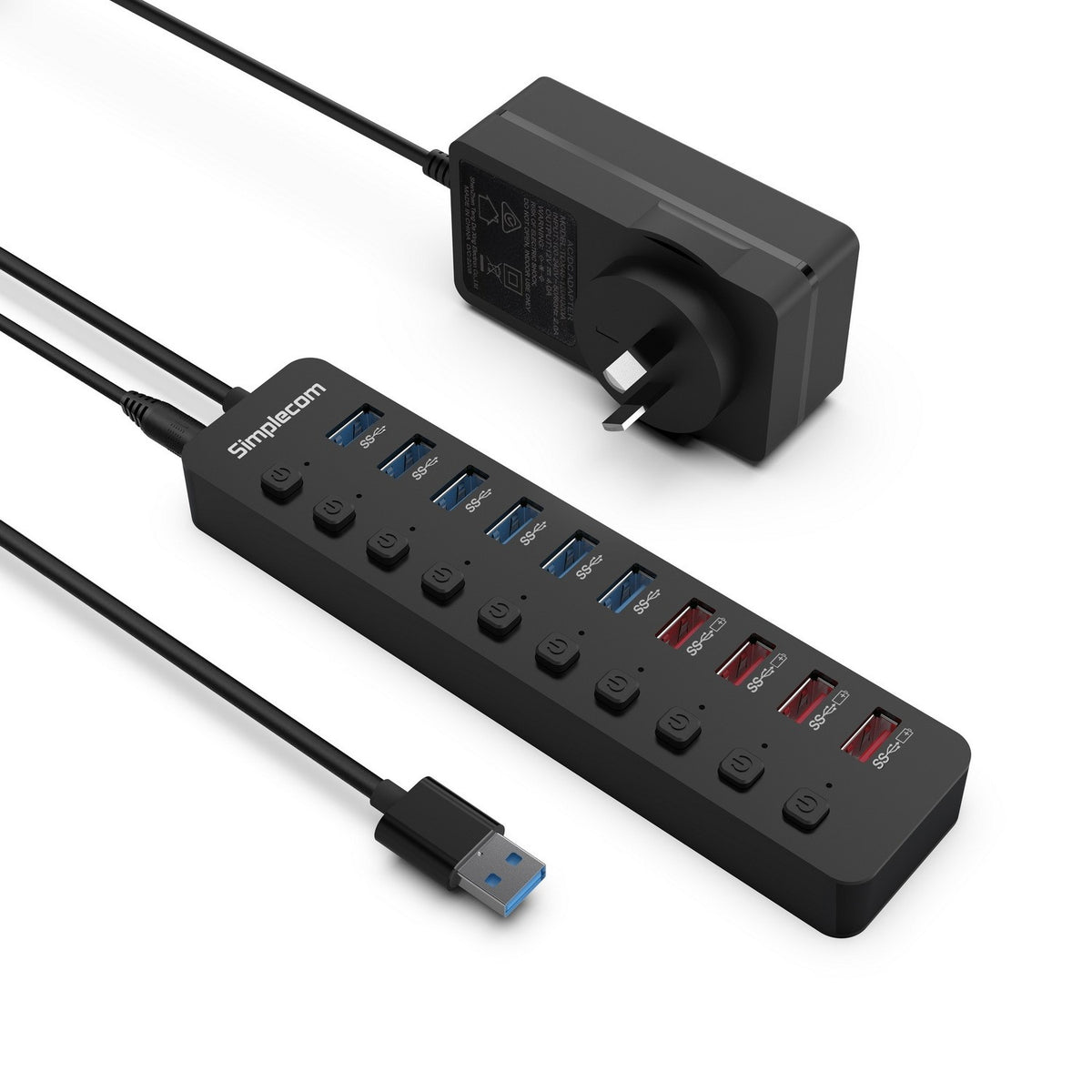 Simplecom CHU810 48W 10-Port USB 3.0 Hub and Charger with Individual Switches 12V/4A Power Adapter BC1.2 Fast Charging - Image 1