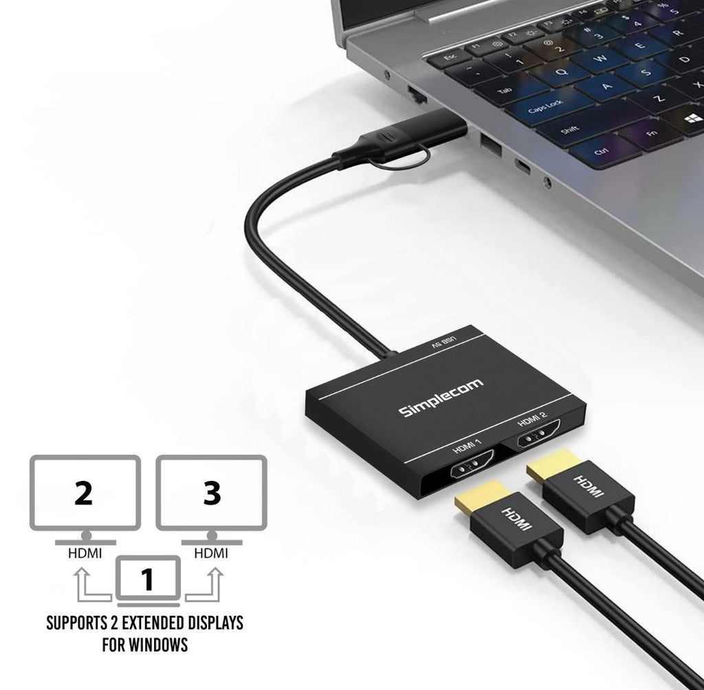Simplecom DA327 USB 3.0 or USB-C to Dual HDMI Display Adapter for 2x 1080p Extended Screens - Image 2