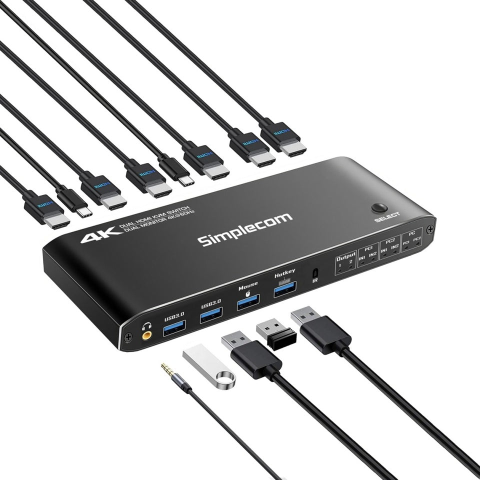 Simplecom KM430 Dual HDMI Monitor KVM Switch for 2 Computers with 4-Port USB Hub 4K@60Hz Keyboard Hotkey - Image 3