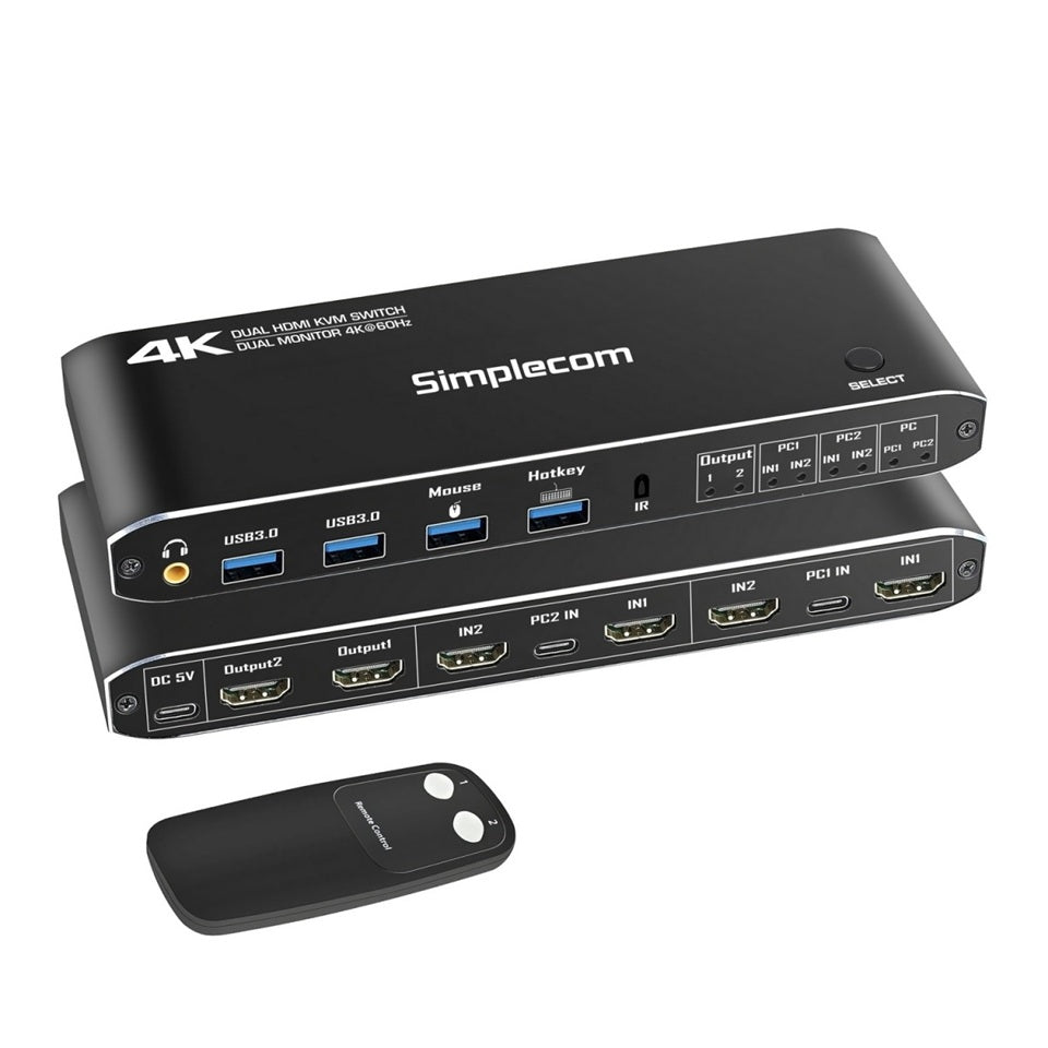 Simplecom KM430 Dual HDMI Monitor KVM Switch for 2 Computers with 4-Port USB Hub 4K@60Hz Keyboard Hotkey - Image 1