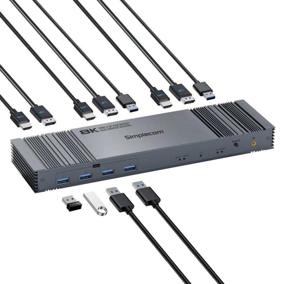 Simplecom KM490 HDMI and DisplayPort Dual Monitor KVM Switch for 2 Computers with 4-Port USB 3.0 Hub 5Gbps 8K@60Hz - Image 2