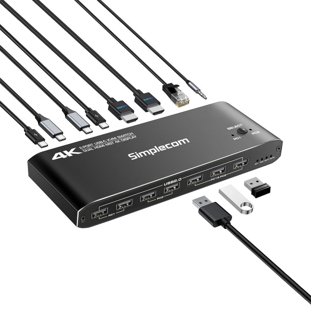 Simplecom KM590 2-Port USB-C Dual 4K HDMI Monitor KVM Switch and Docking Station with Network Sharing - Image 2
