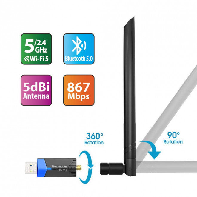 Simplecom NW632 Wi-Fi 5 Bluetooth 5.0 USB Adapter Dual Band AC1200 - Image 3