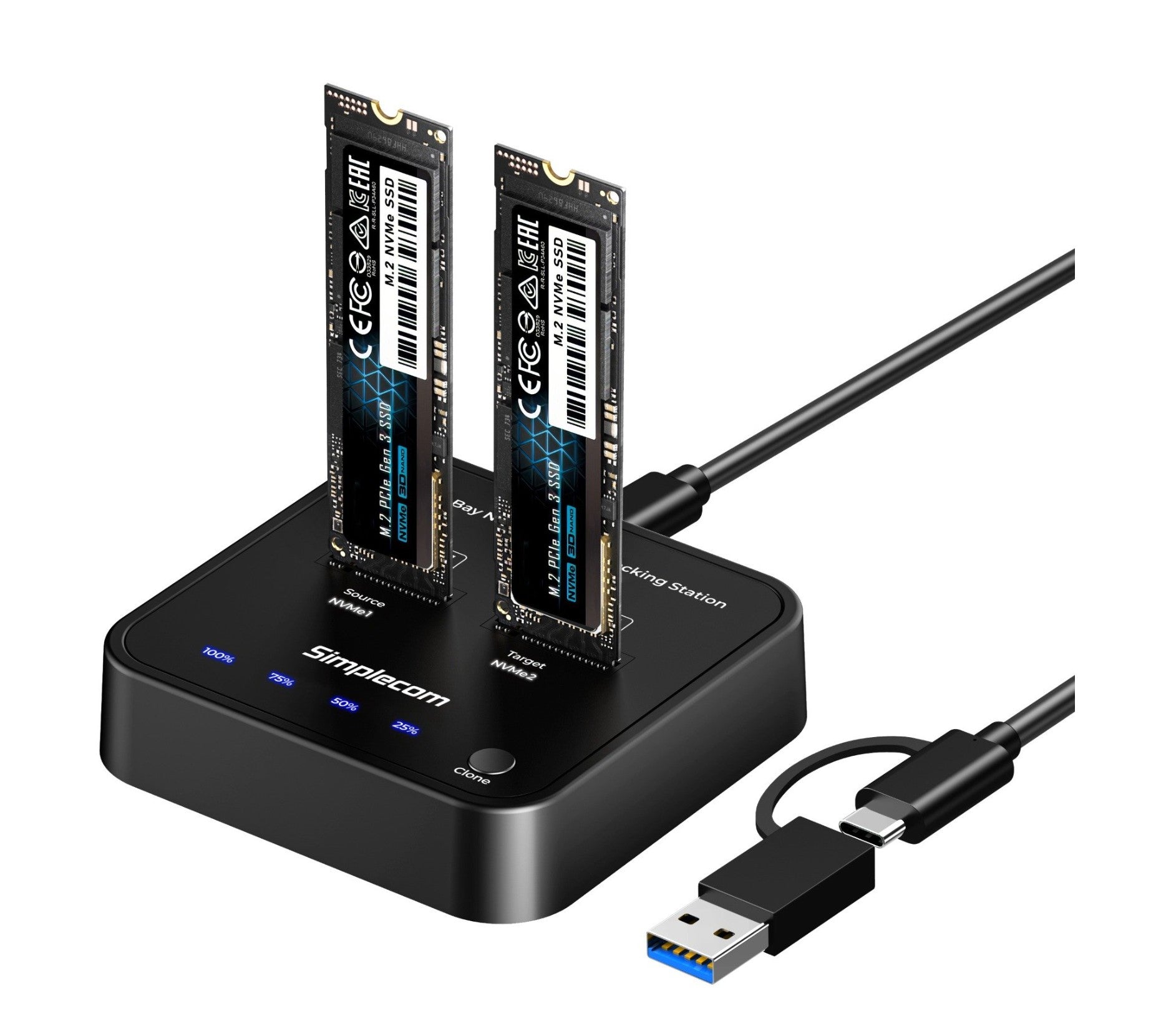 Simplecom SD550v3 USB 3.2 Gen2 to Dual Bay NVMe M.2 SSD Docking Station Duplicator Offline Clone - Image 1